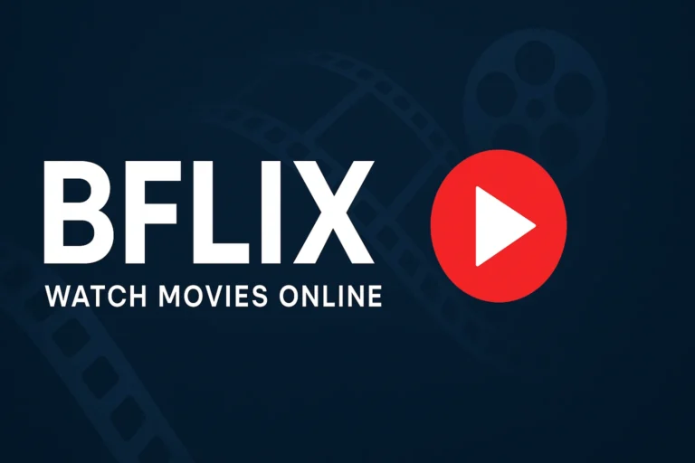 Promotional banner for BFLIX featuring the bold white text "BFLIX" with the tagline "WATCH MOVIES ONLINE" below, a large red play button icon, and a dark blue background with subtle film reel and filmstrip graphics.